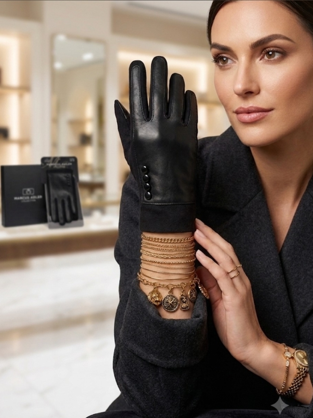 Black Leather Button Cuff Gloves - Women Accessories